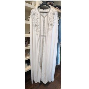 White Embellished Abaya – Silver Beaded Detail – Formal/Occasion Wear